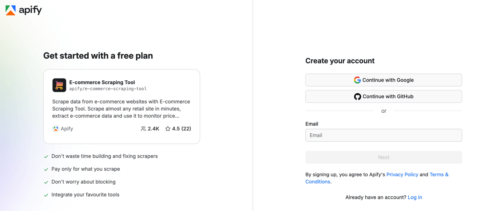 Apify Console sign in page