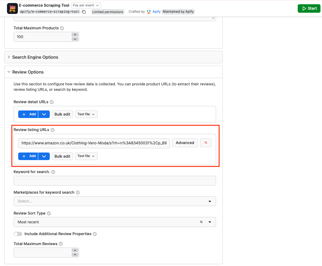 E-commerce Scraping Tool input 