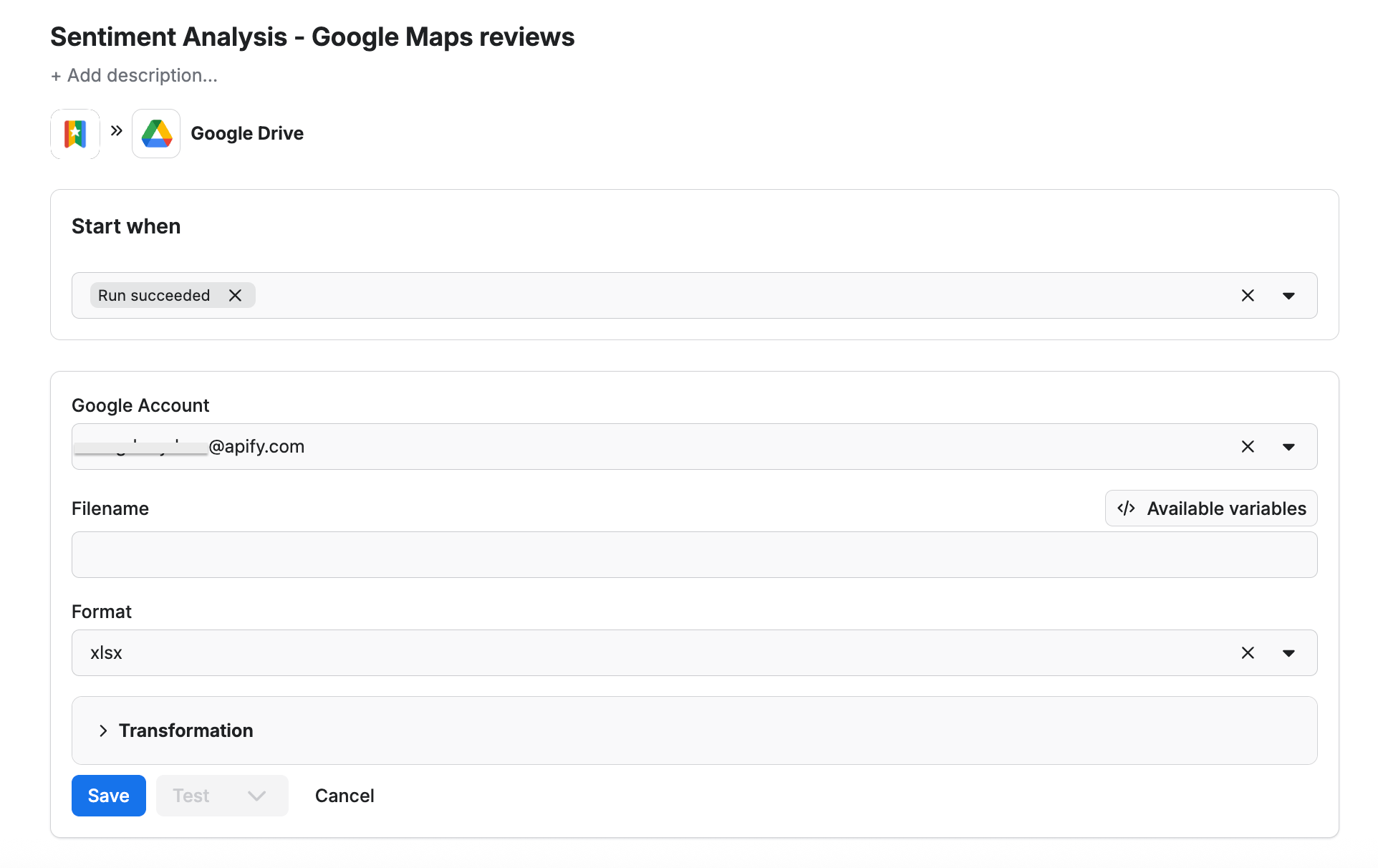Google Maps and Google Drive integration window