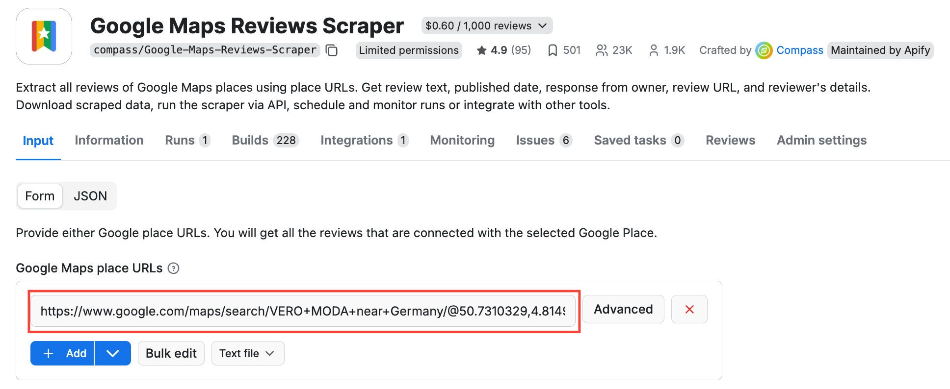 Google Maps Reviews Scraper input 