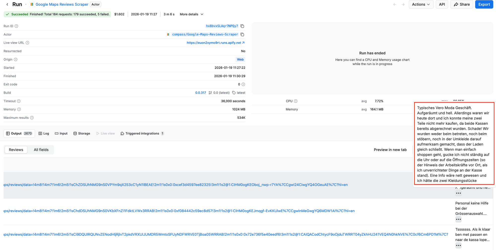 Google Maps Reviews Scraper dataset preview 