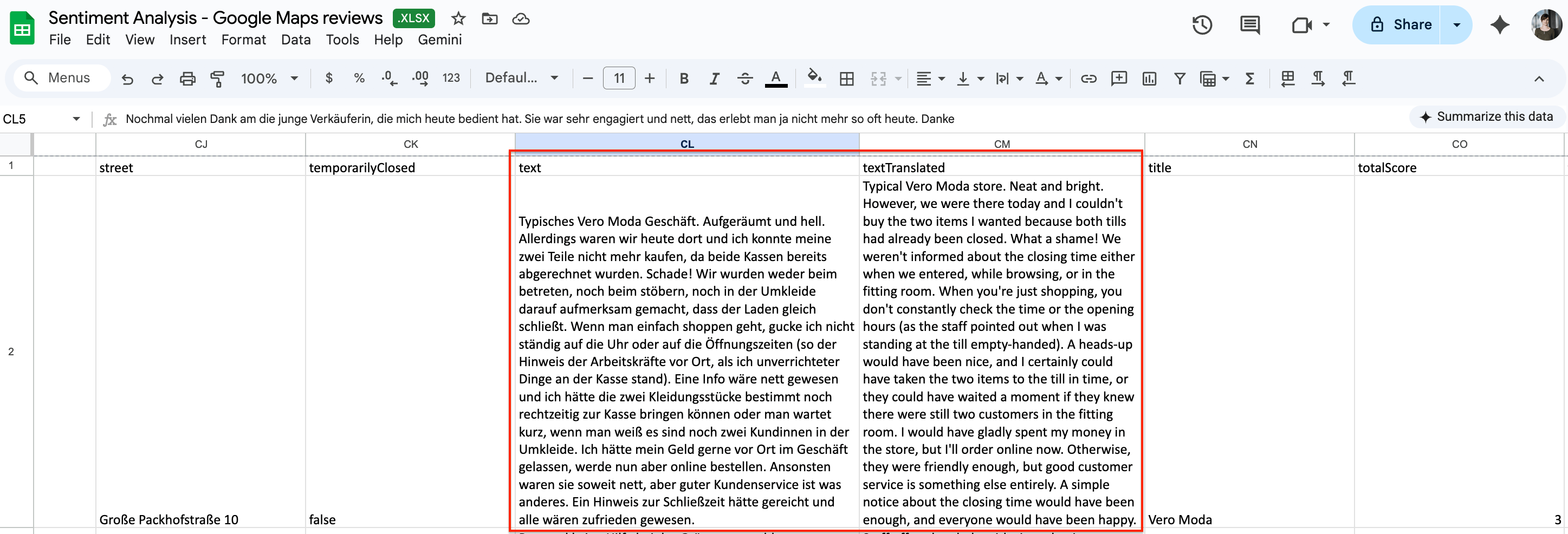 Scraped reviews in Google Sheets 