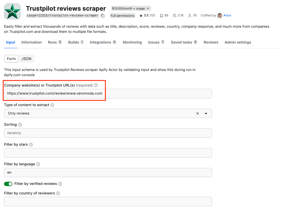 Trustpilot reviews scraper input 