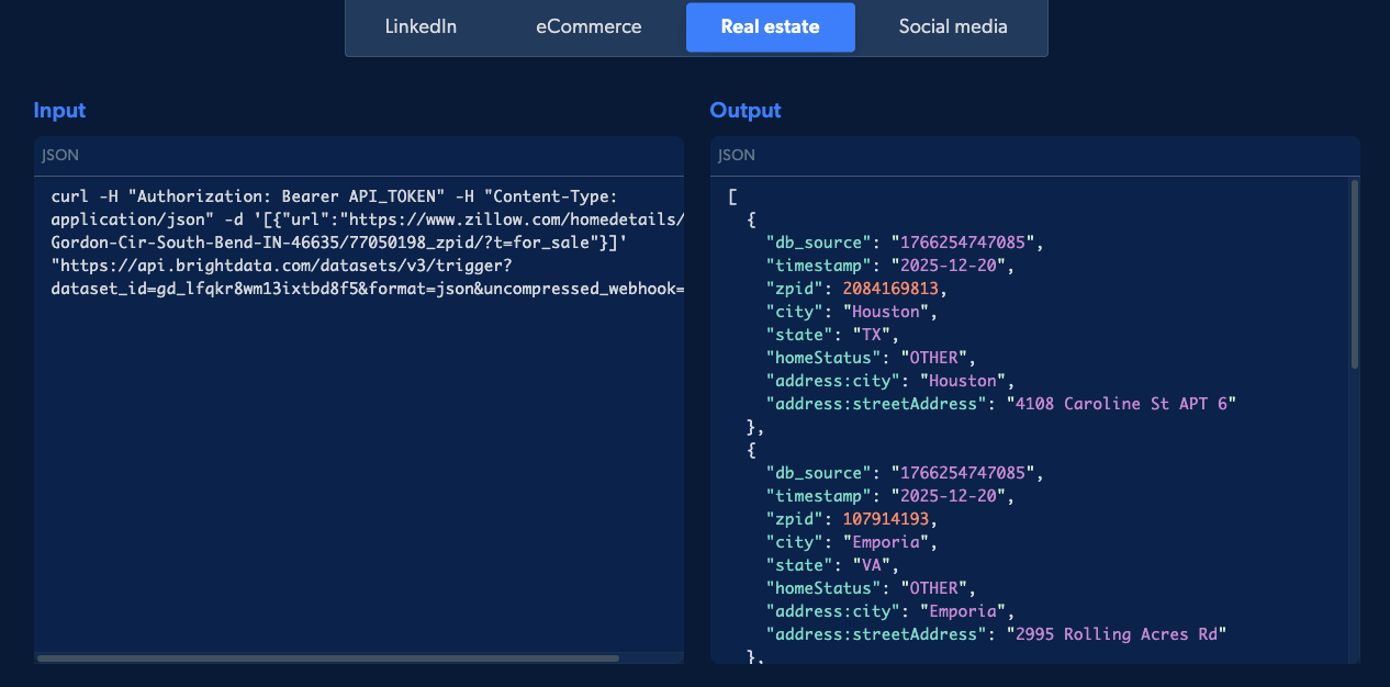 Web Scraper API code example - real estate.