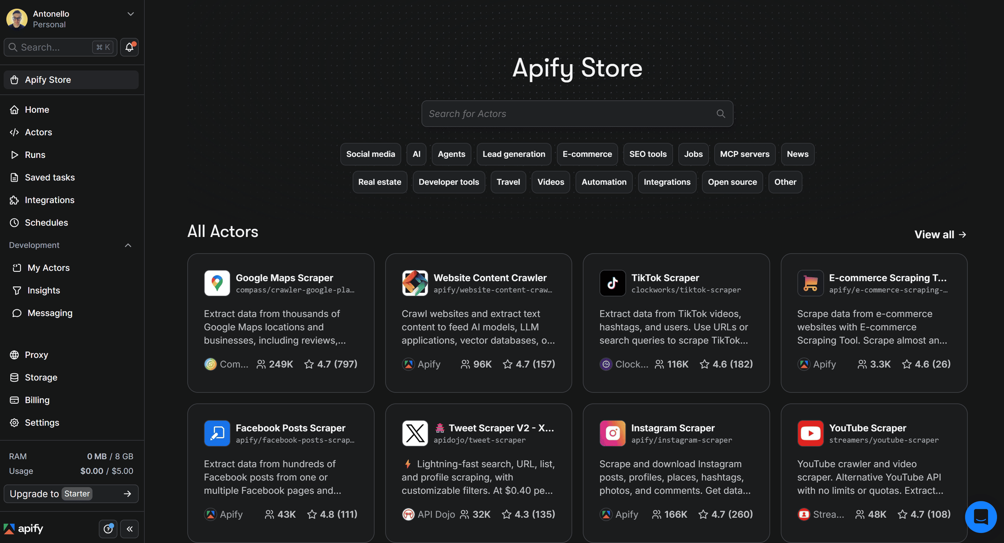 The Apify Store view in your account