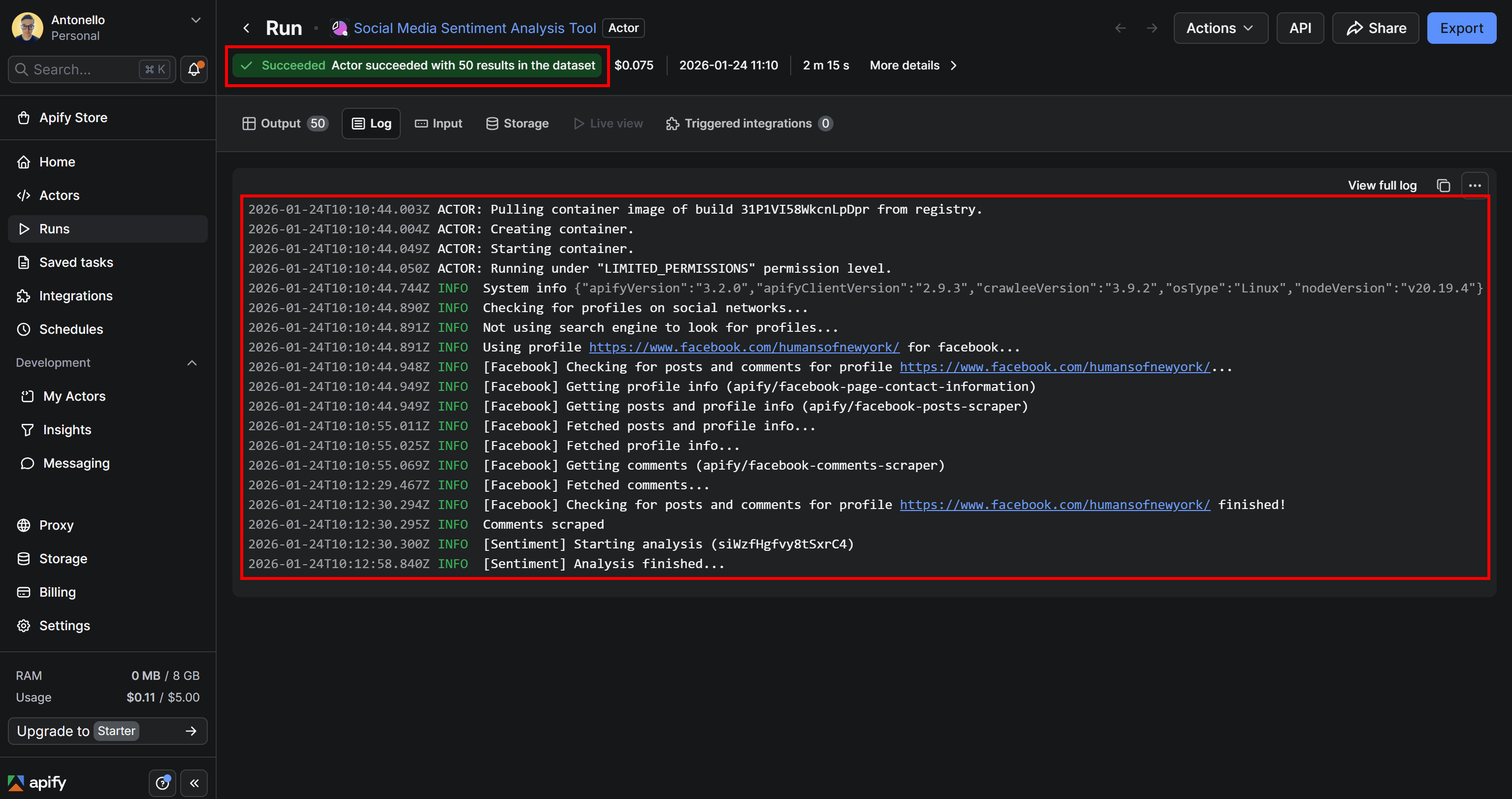 The output produced by the Actor’s run