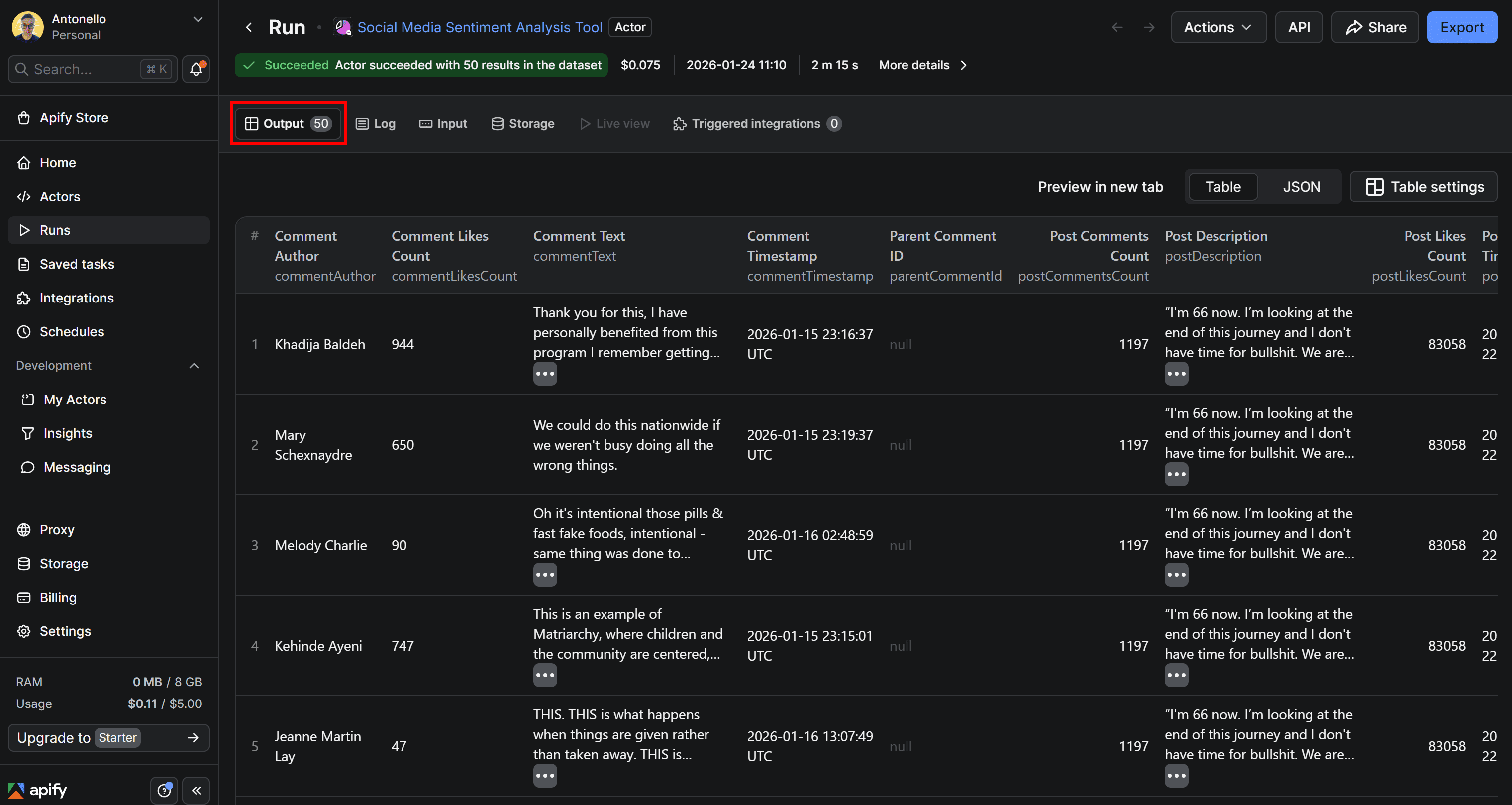 Exploring the Output tab