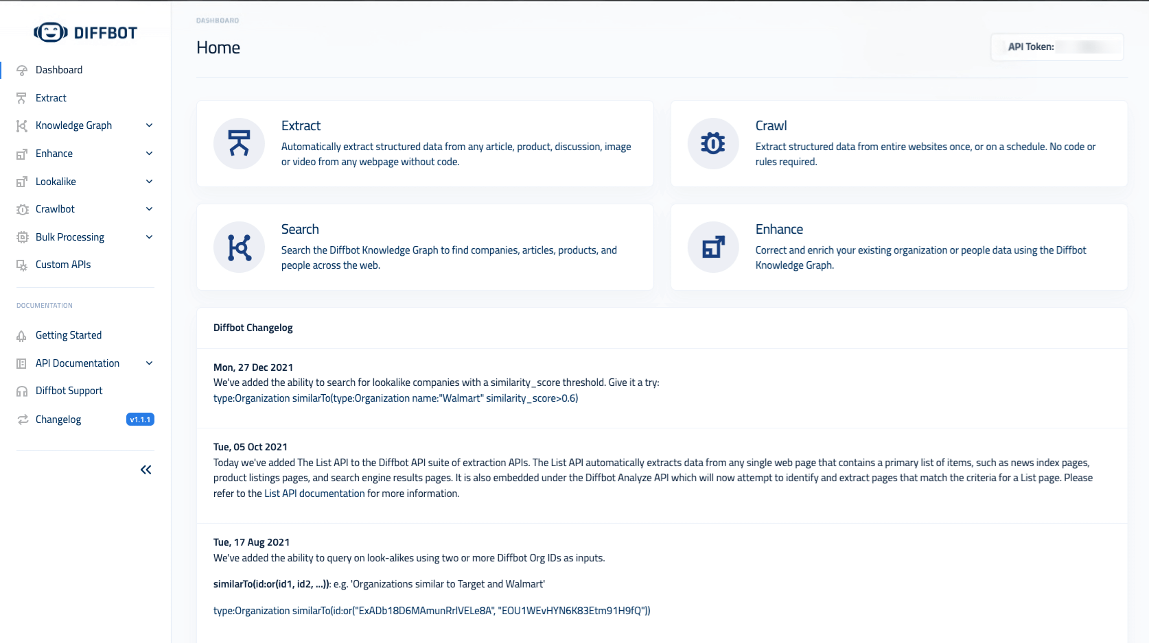 Diffbot UI - home screen
