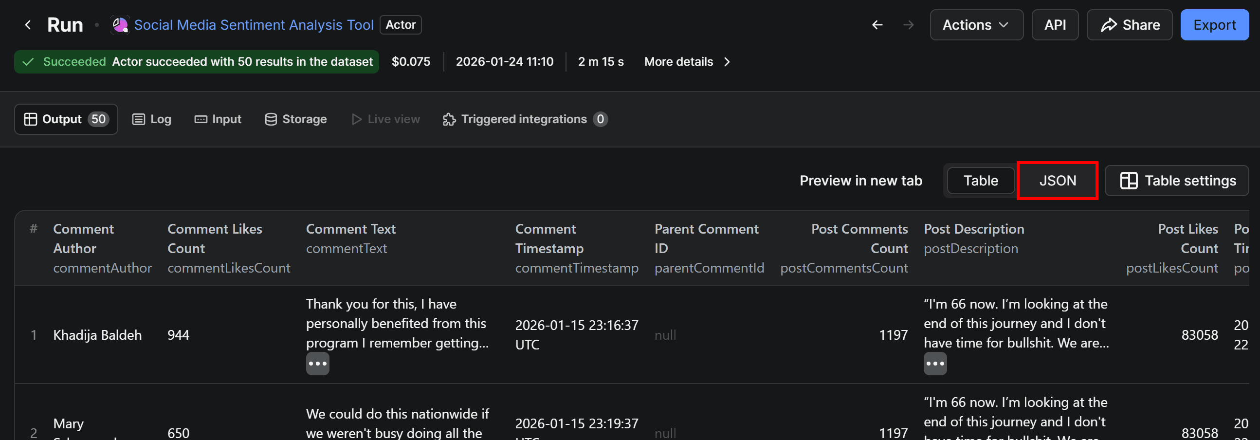 Switching to the JSON view