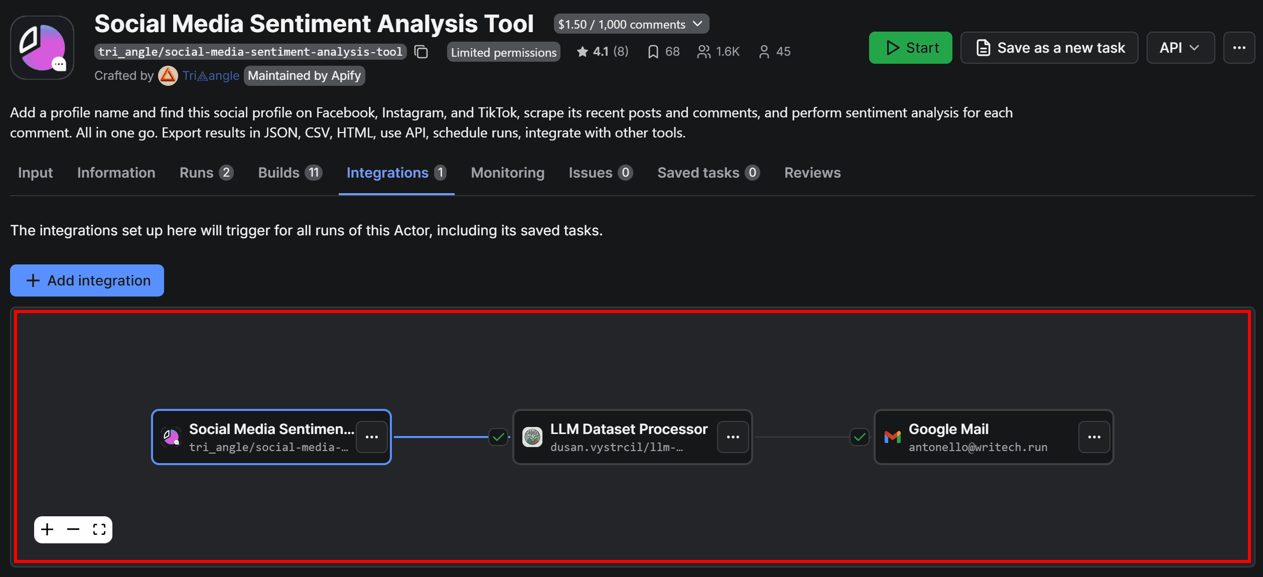 The LLM Dataset Processor-based sentiment analysis workflow