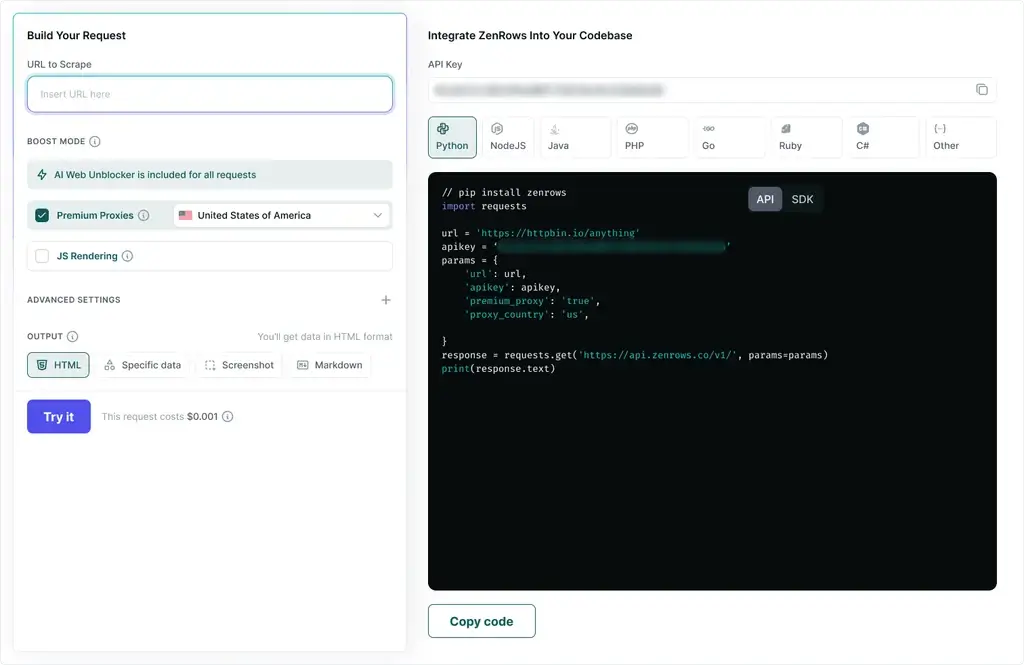 ZenRows' Universal Scraper API Request Builder