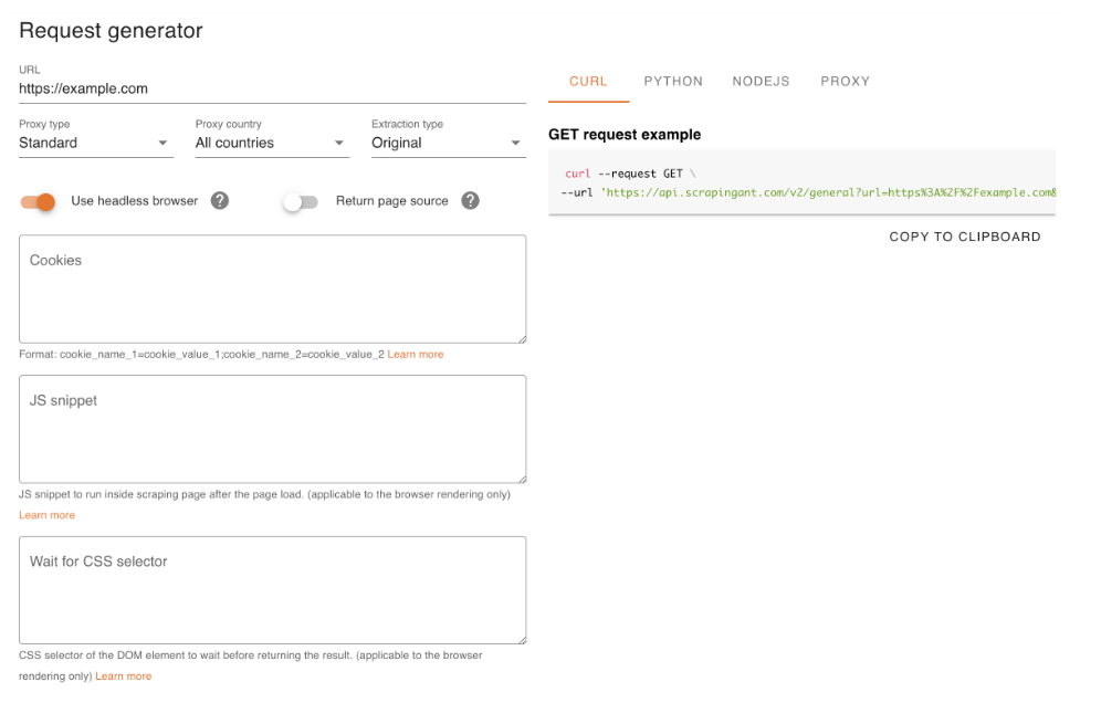 ScrapingAnt request generator.