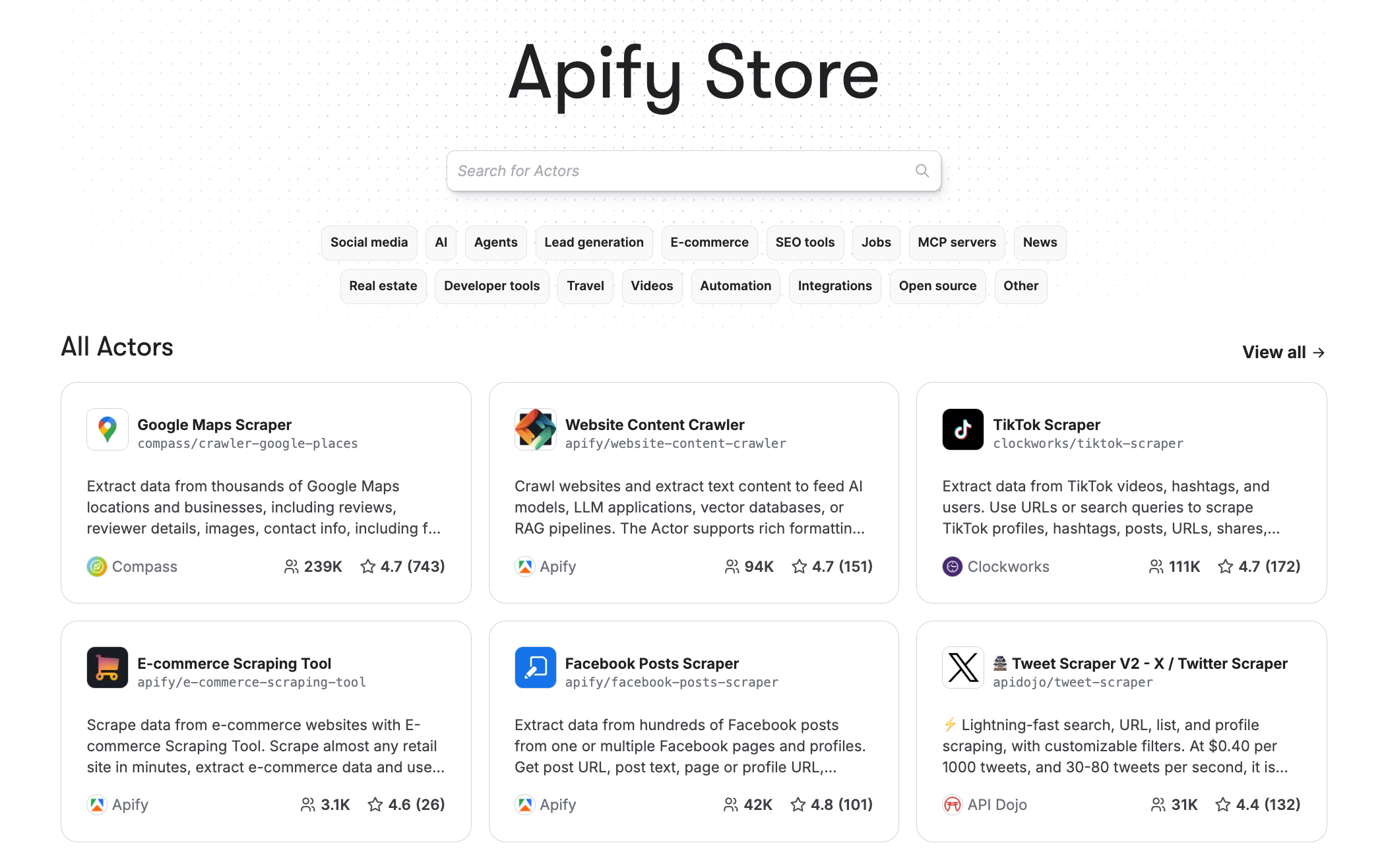 Apify Store offering over 10,000 scraping APIs