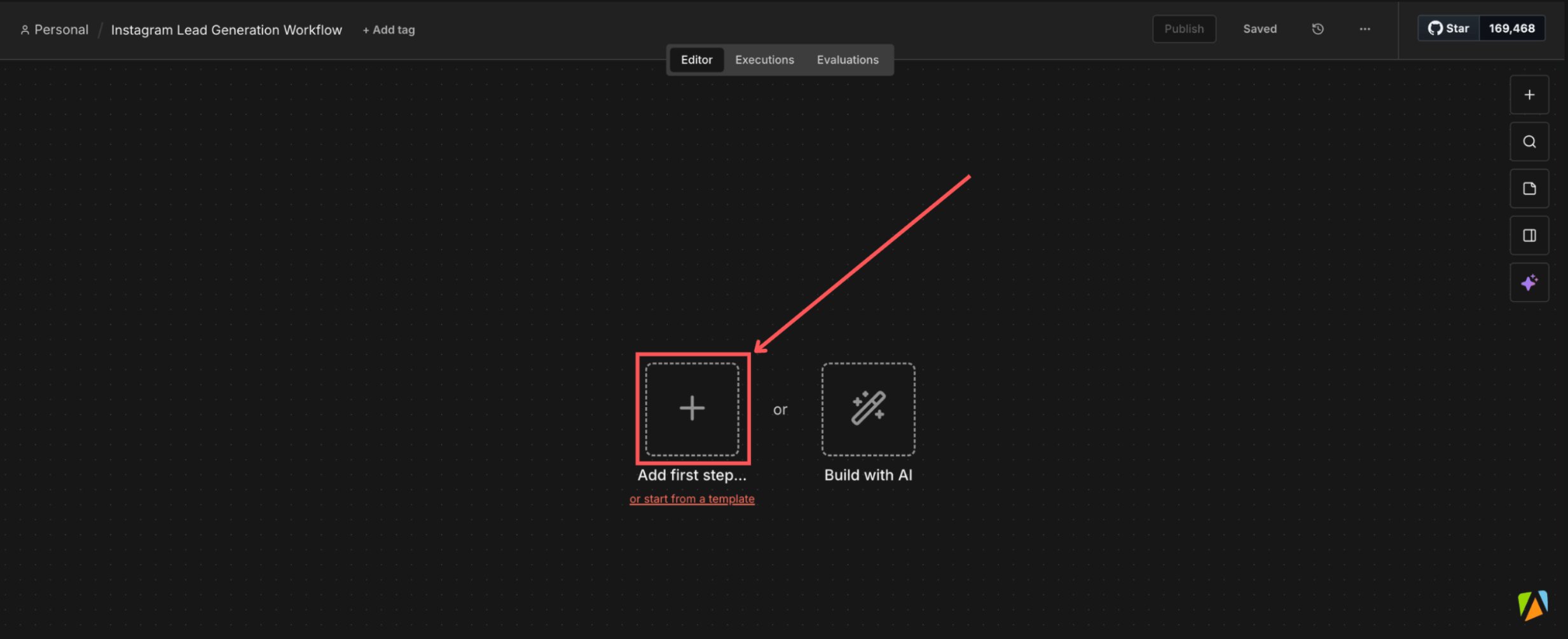 Adding the first step- the “trigger”- on n8n workflow