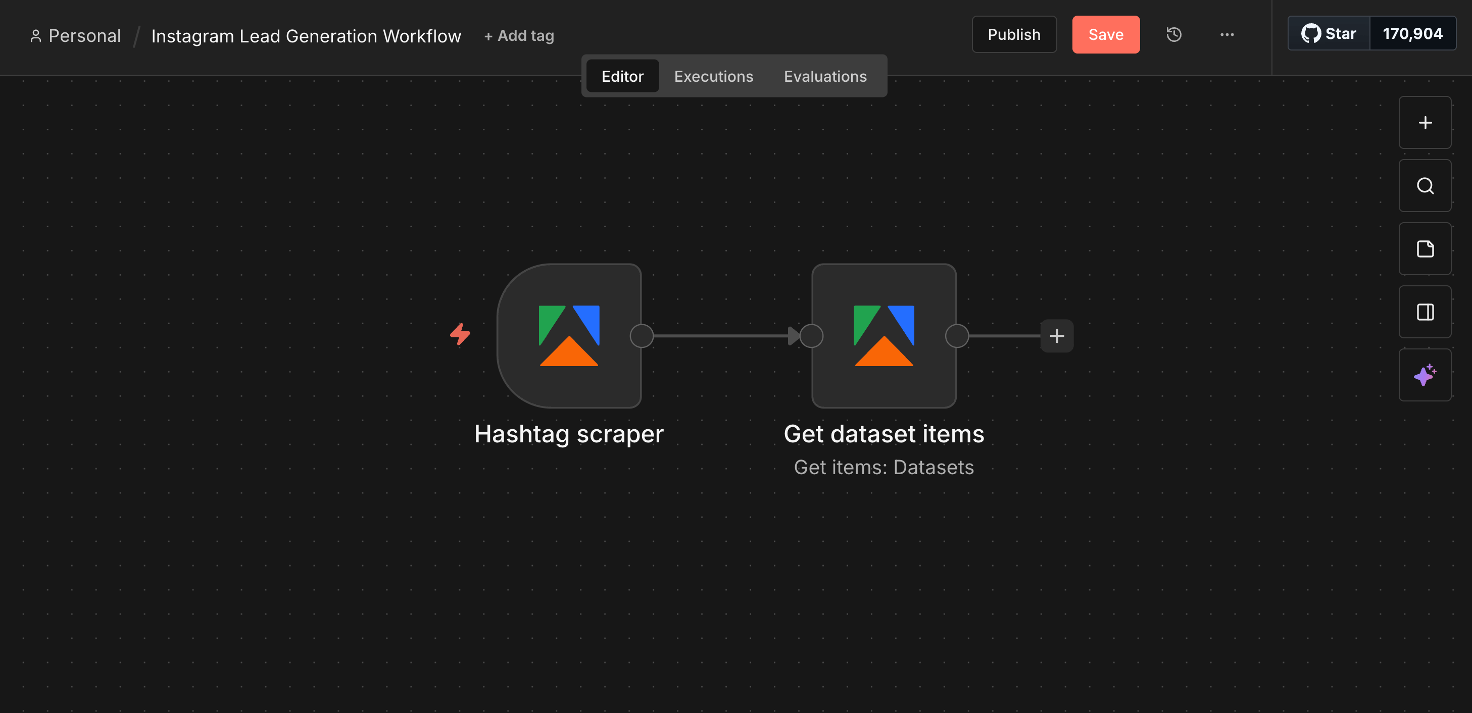 The workflow that listens for Hashtag Scraper runs and retrieves the output data