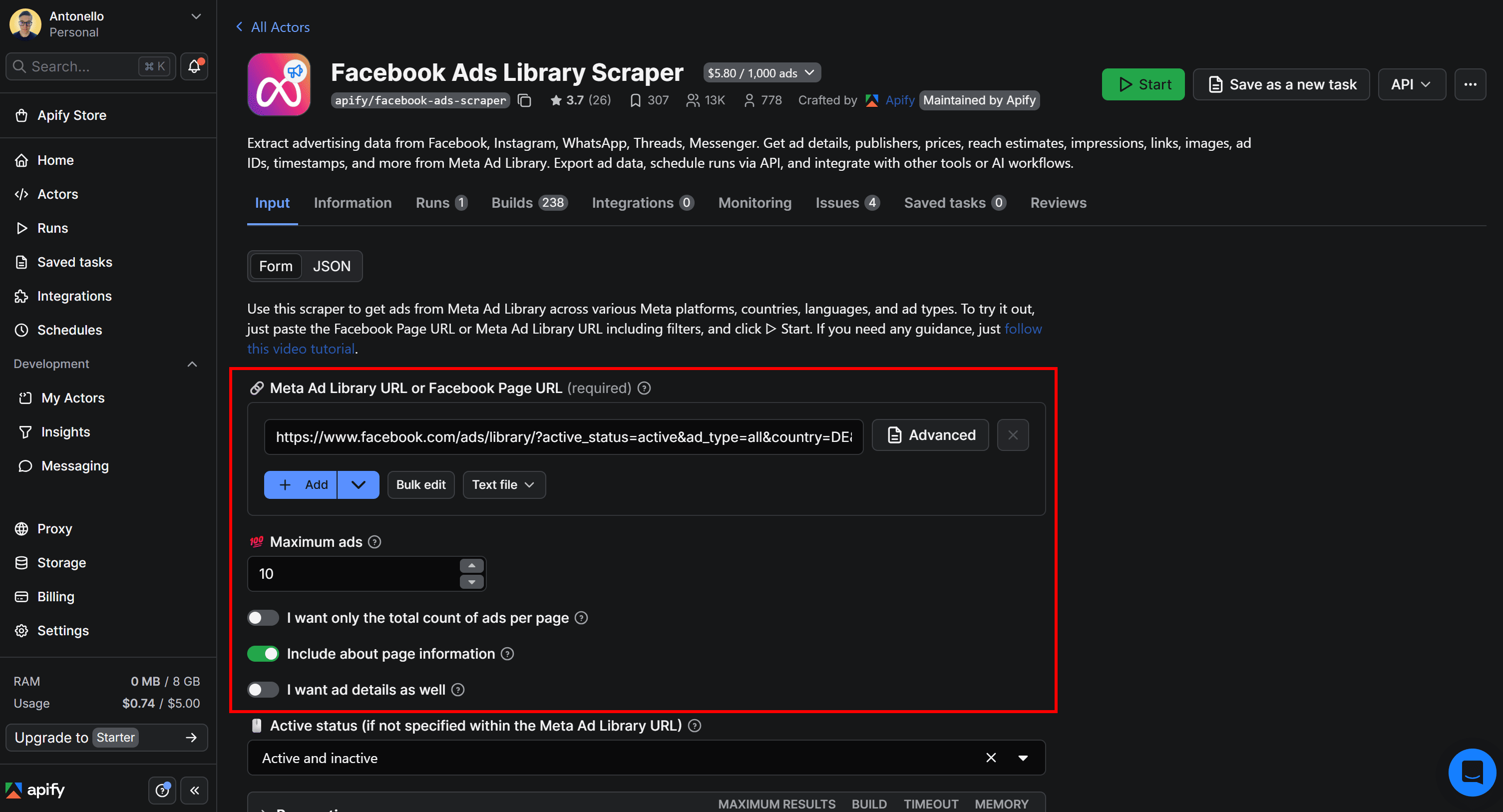 Configuring the Facebook Ads Library Scraper’s run