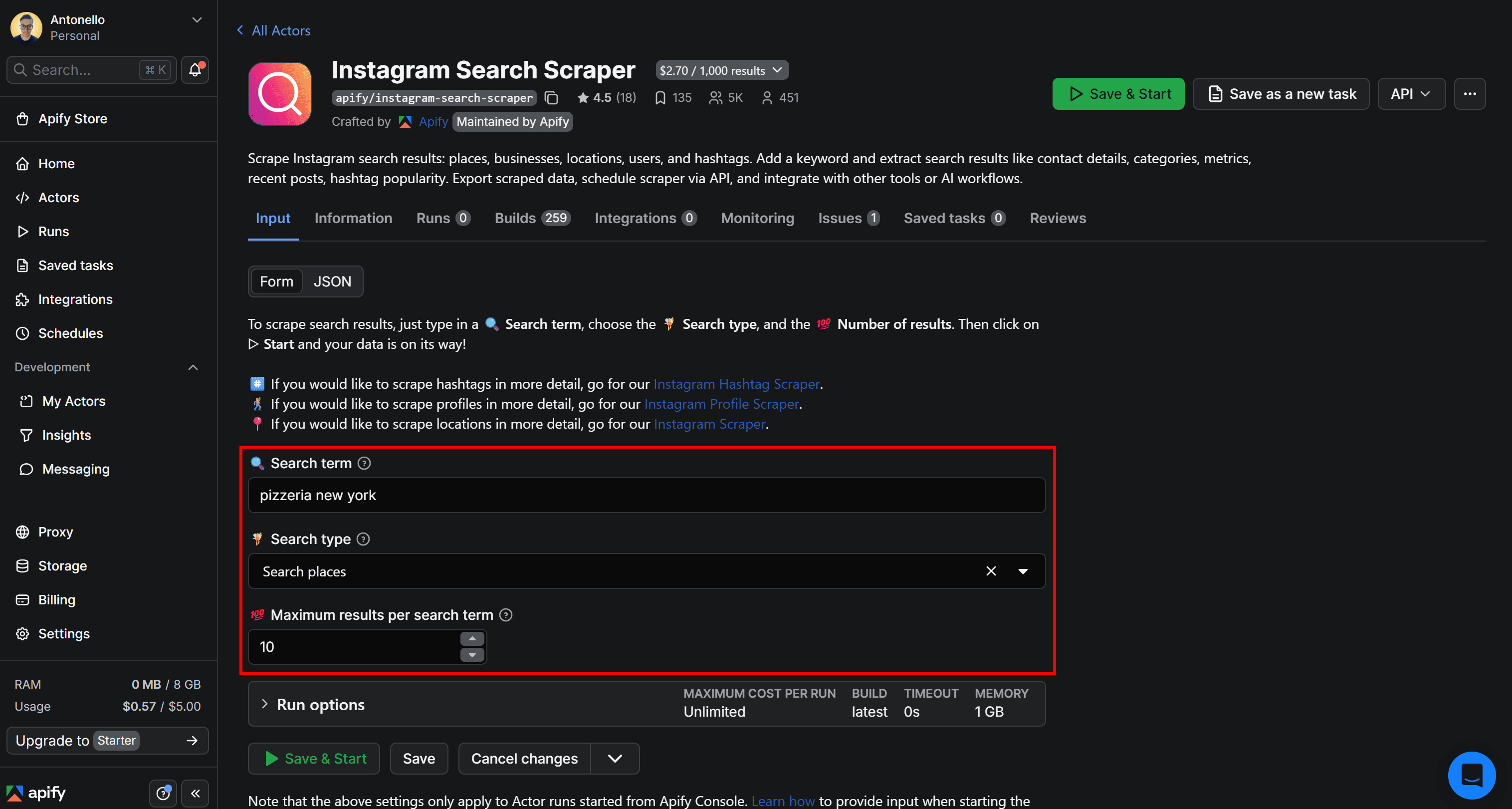 Configuring the inputs for an Instagram Search Scraper run in Apify Console
