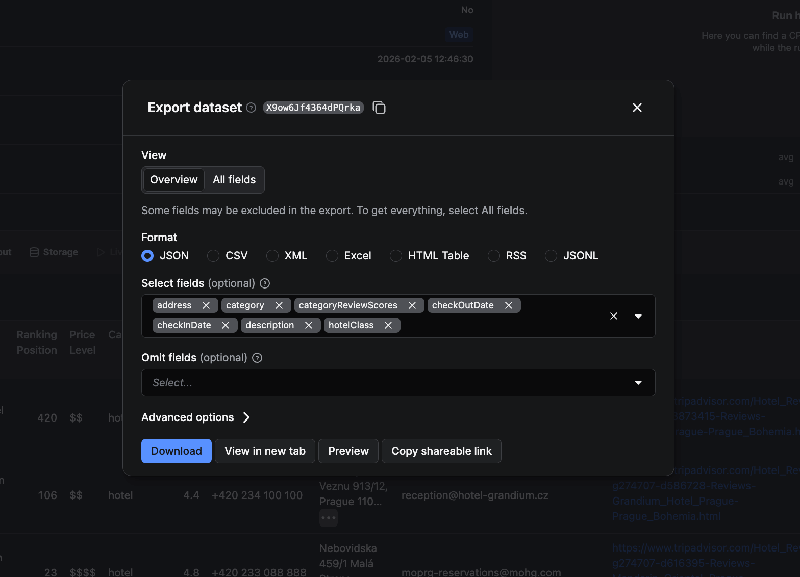 How to export Tripadvisor dataset by excluding certain fields and including others