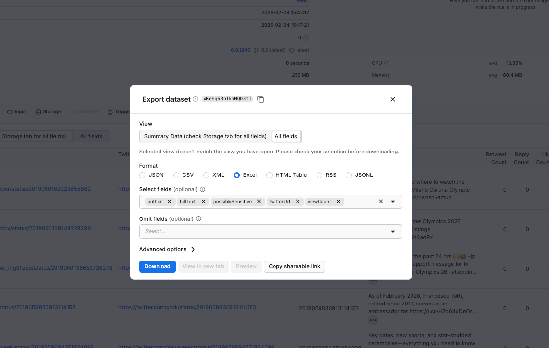 Export dataset screen with various download options