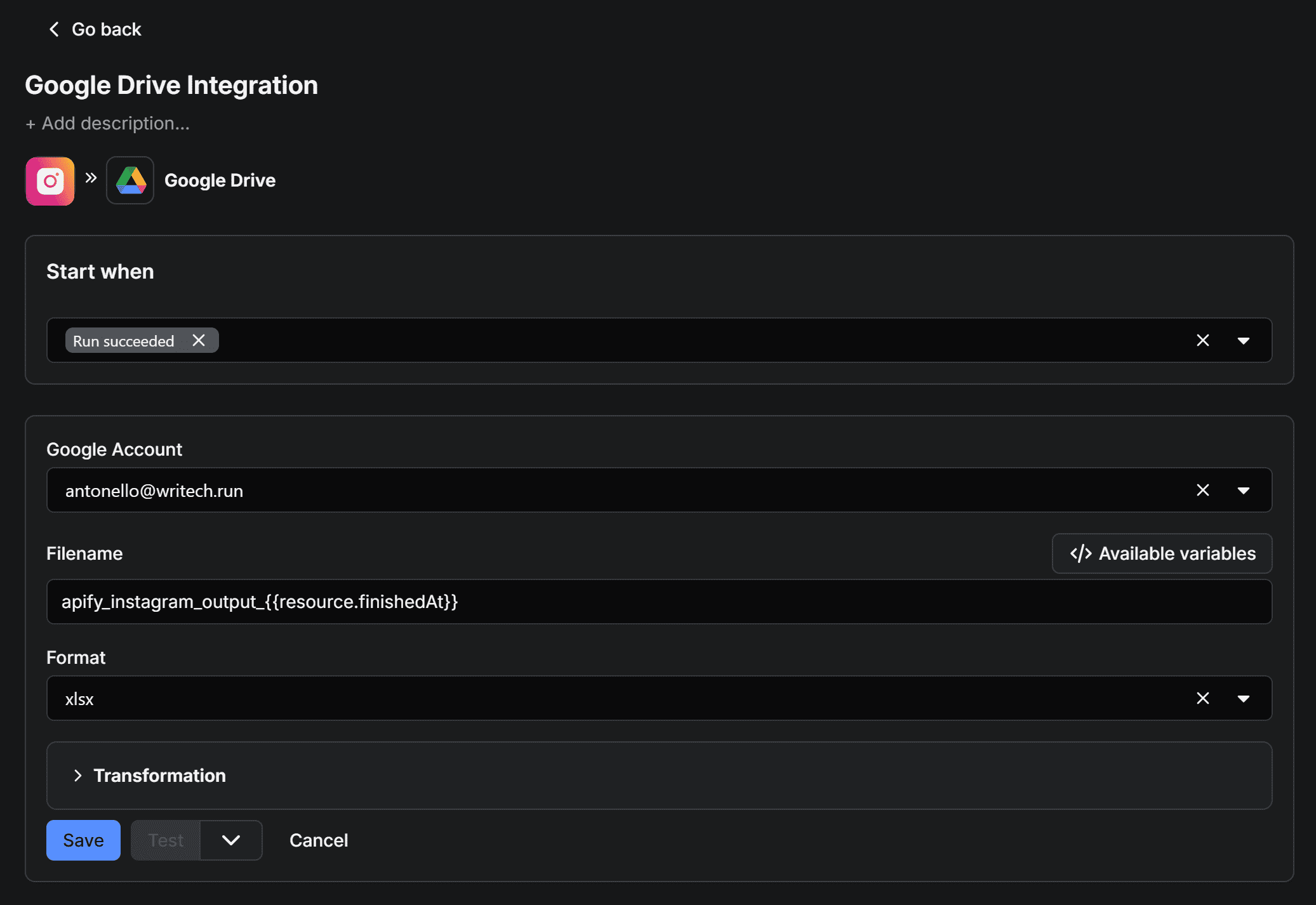 Filling out the form to complete the integration