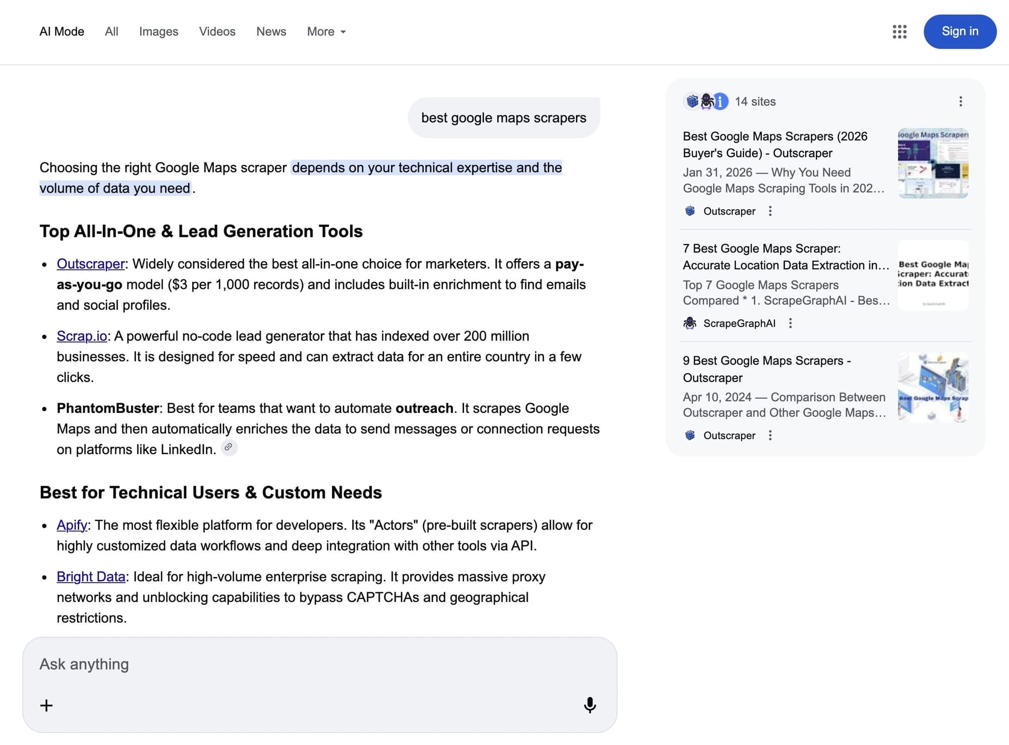 Google AI Mode scraped with Google Search Results Scraper