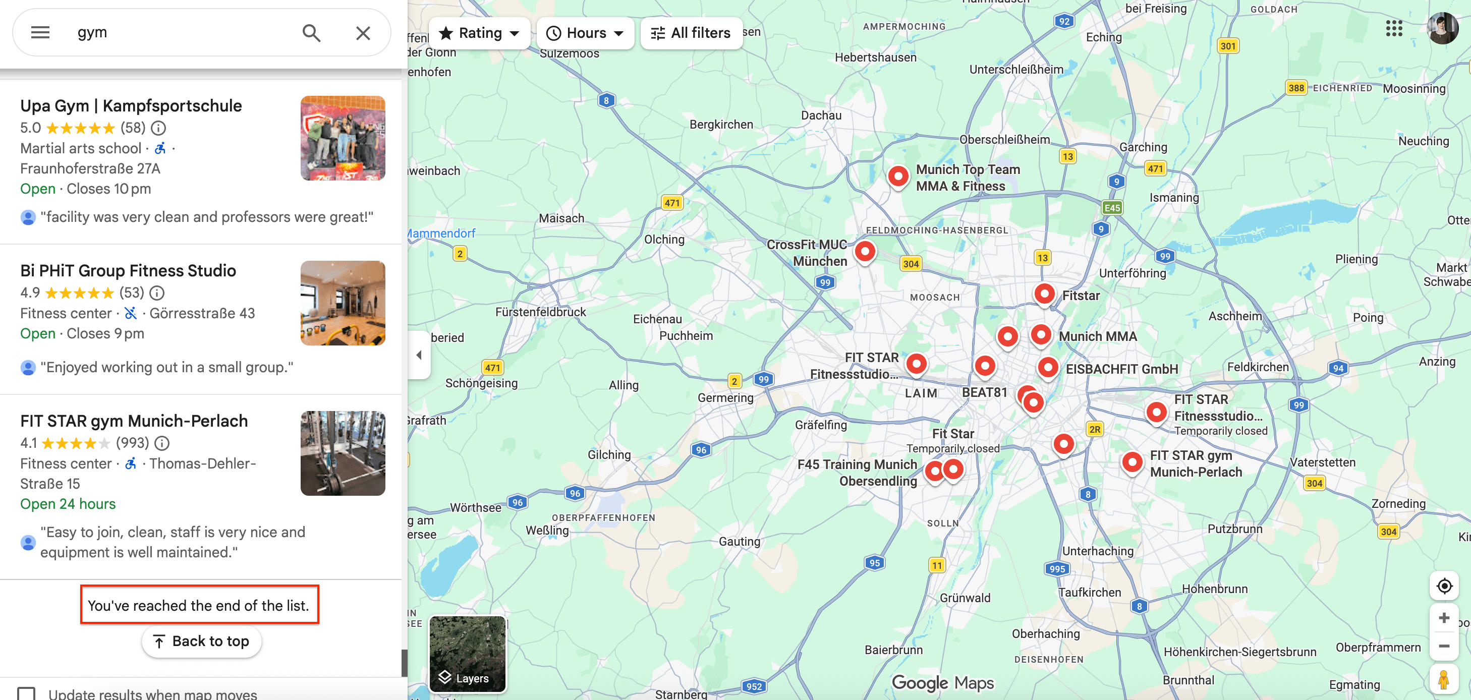 Google Maps showing the end of the displayed results