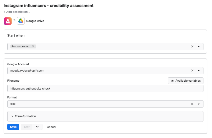 Configuring the integration - name, trigger, format. 