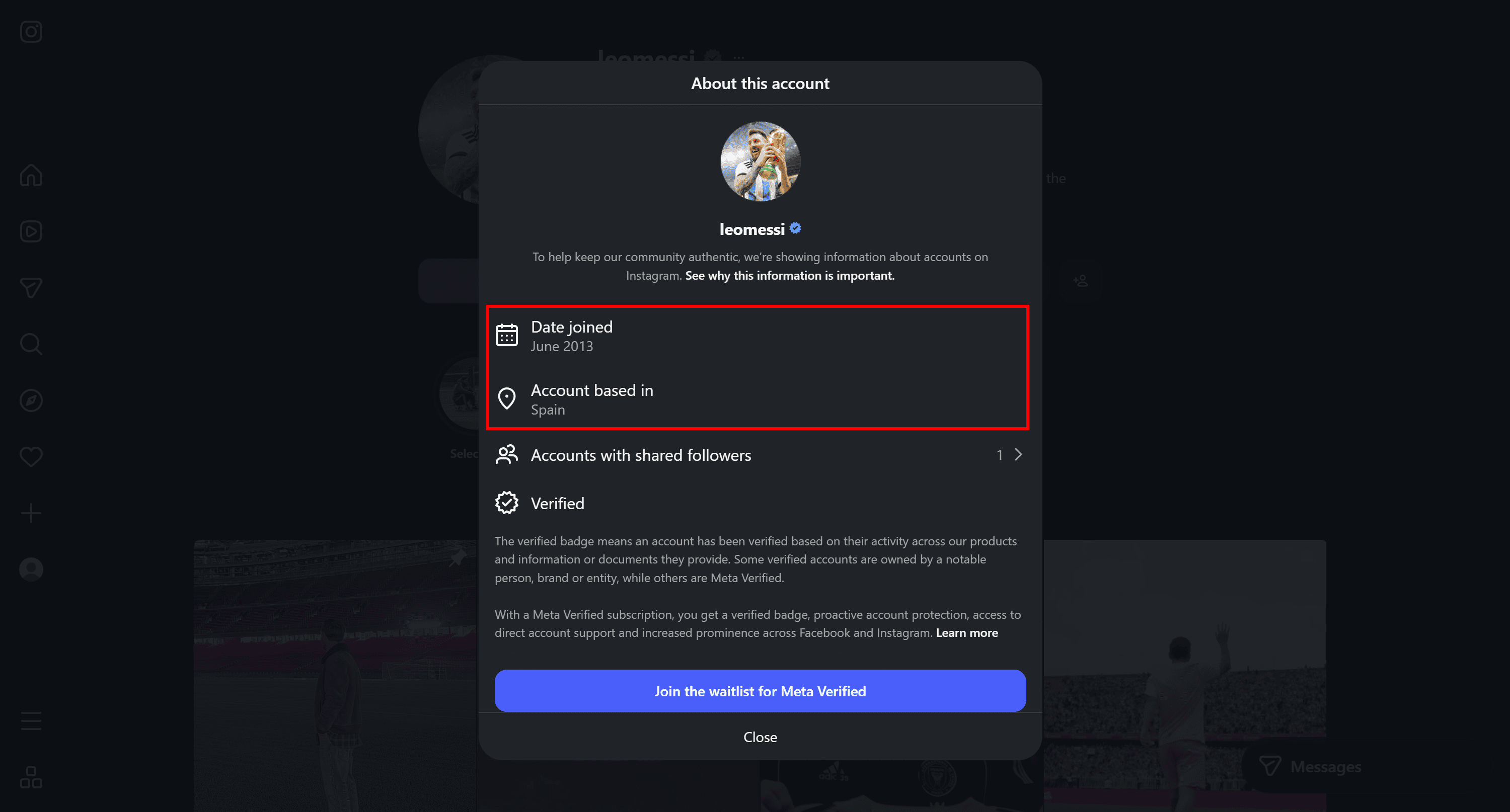 Note the “Date joined” and “Account based in” fields from Messi’s Instagram profile