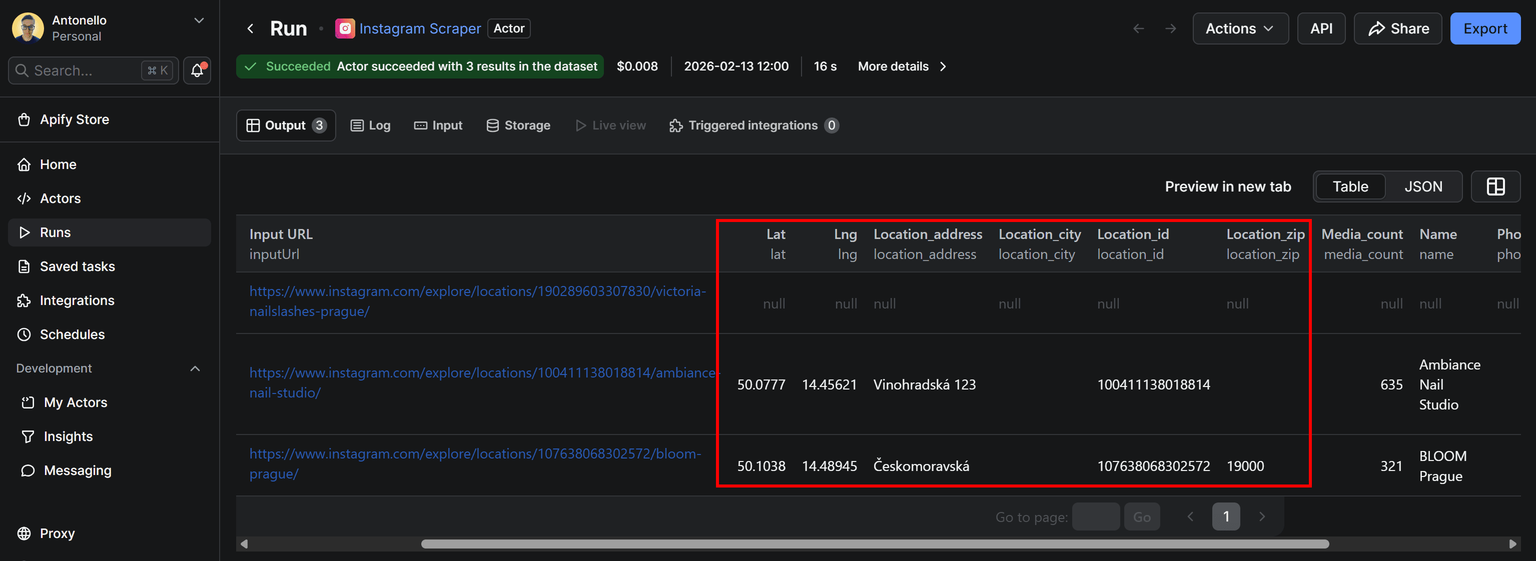 Note the location information fields