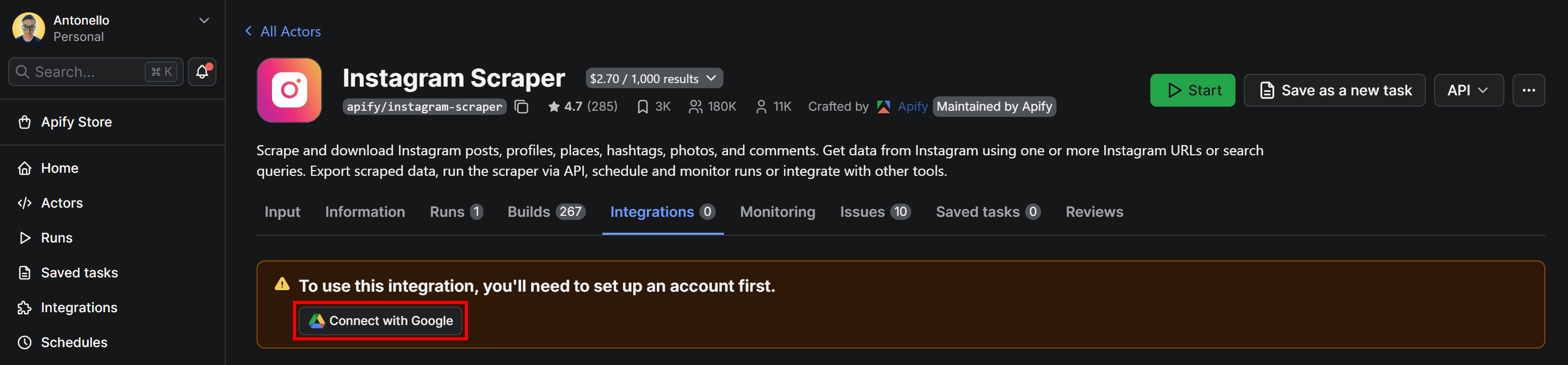 Pressing the “Connect with Google” button
