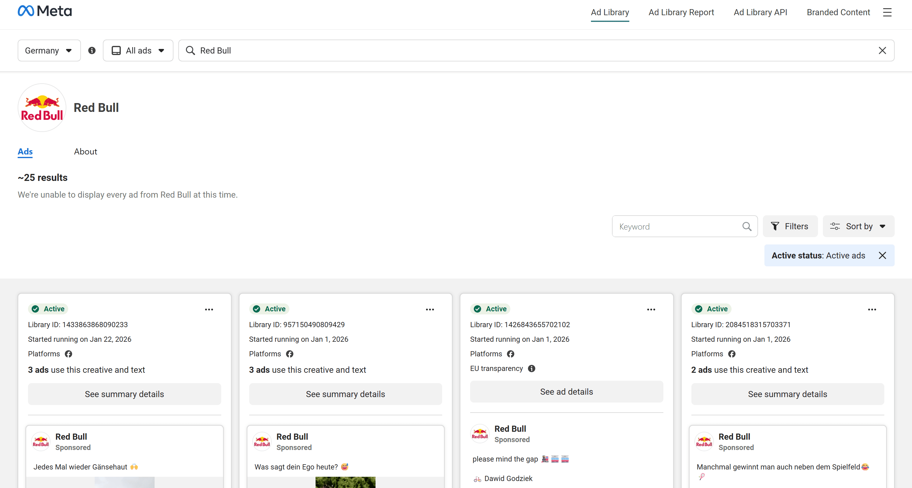 Red Bull’s Ads Library page