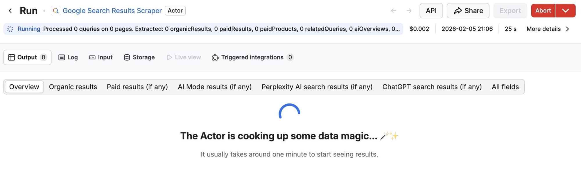 Google Search Results Scraper run