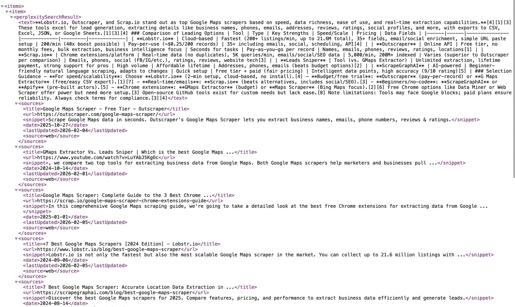 Scraped AI search data in XML