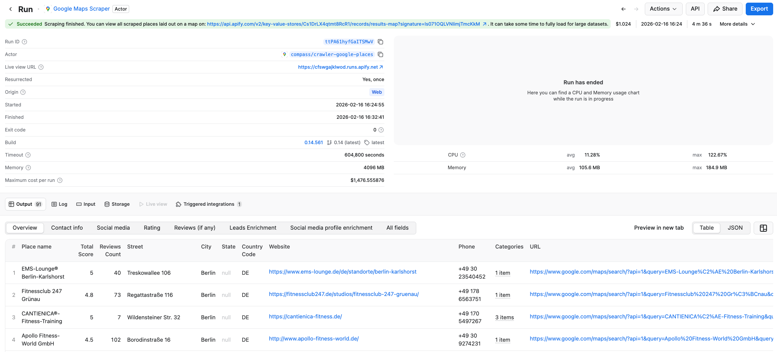 Scraping run succeeded - preview table