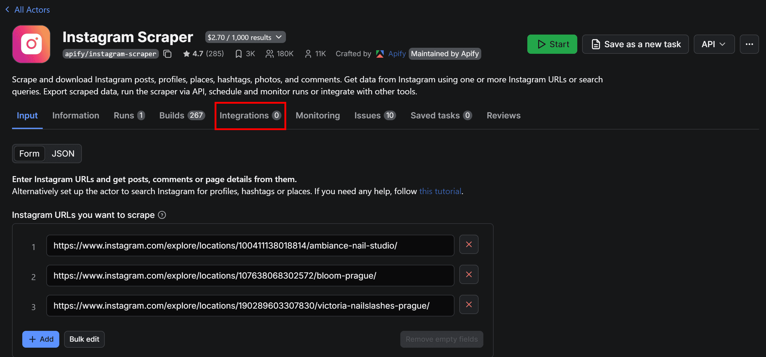 Selecting the “Integrations” tab