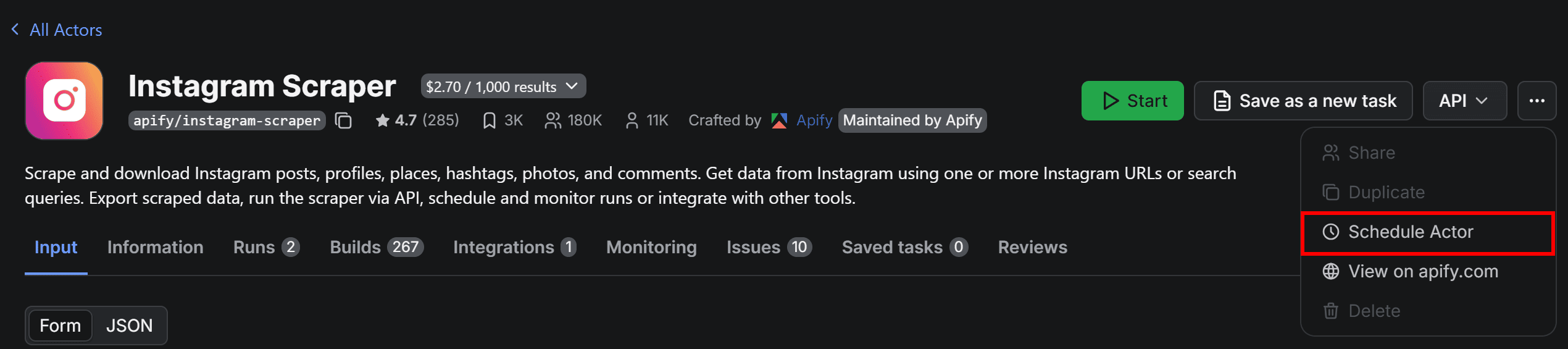 Selecting the “Schedule Actor” option