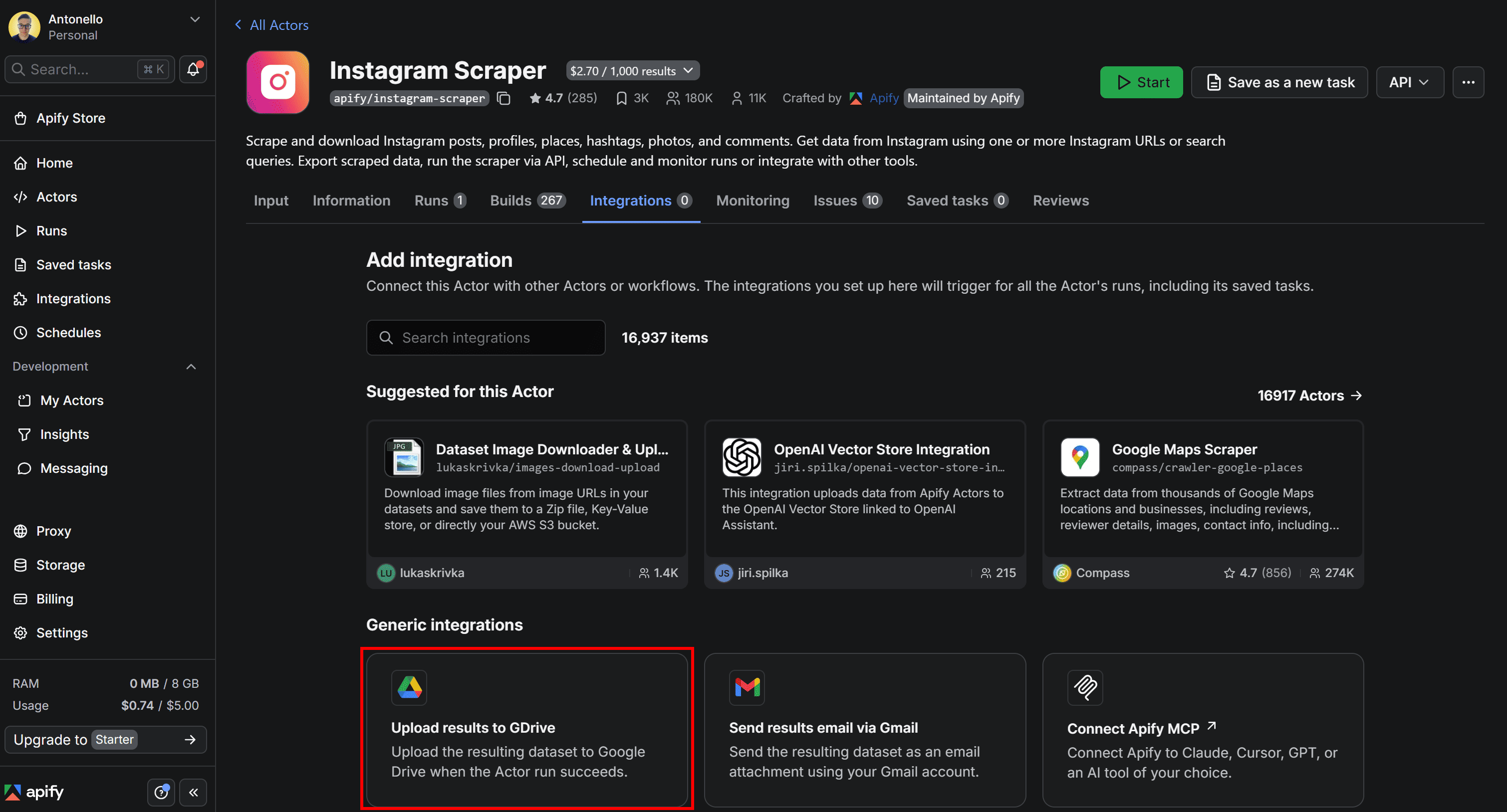 Selecting the “Upload results to GDrive” option