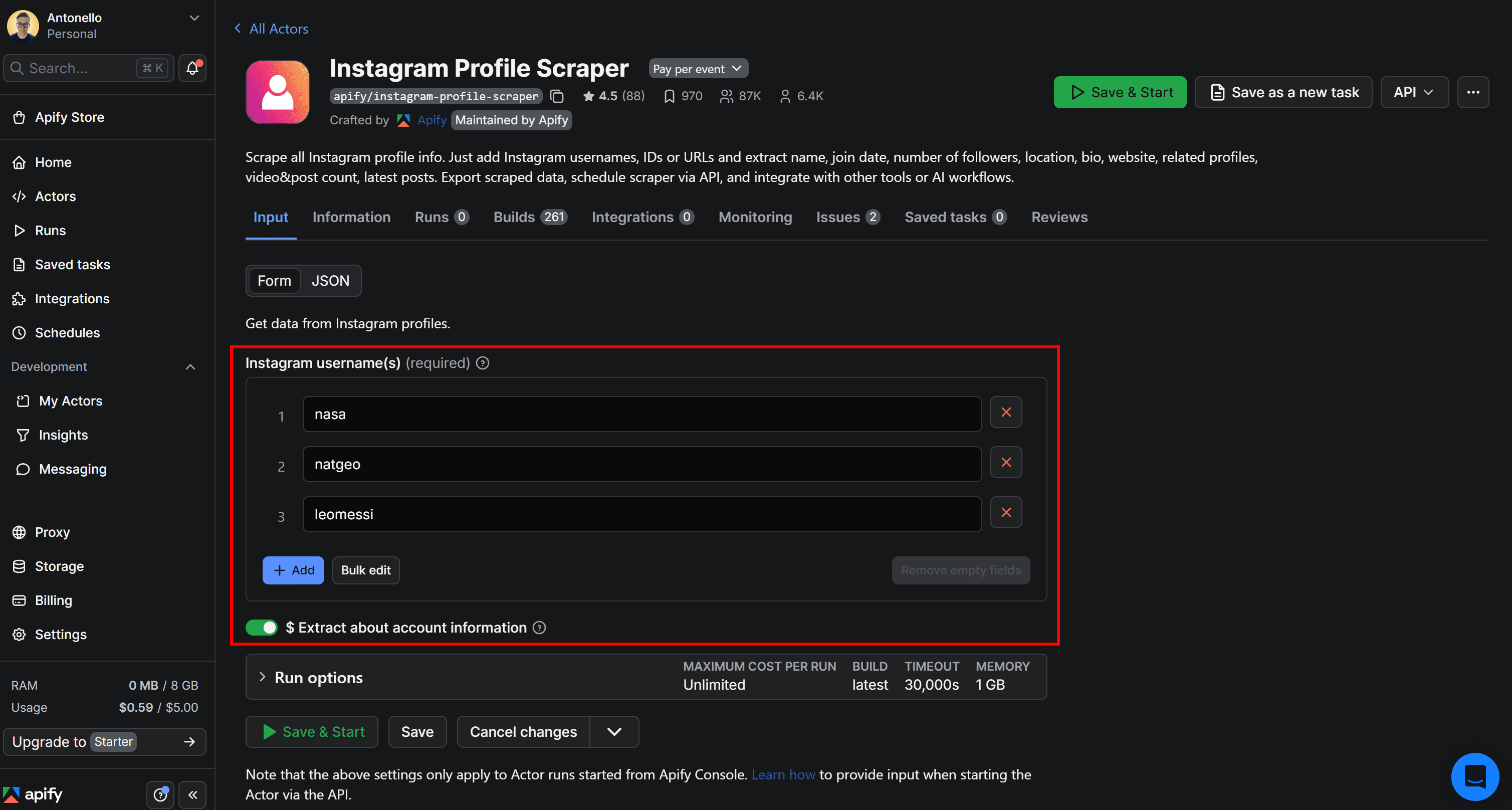 Setting the inputs for the intended Instagram Profile Scraper run