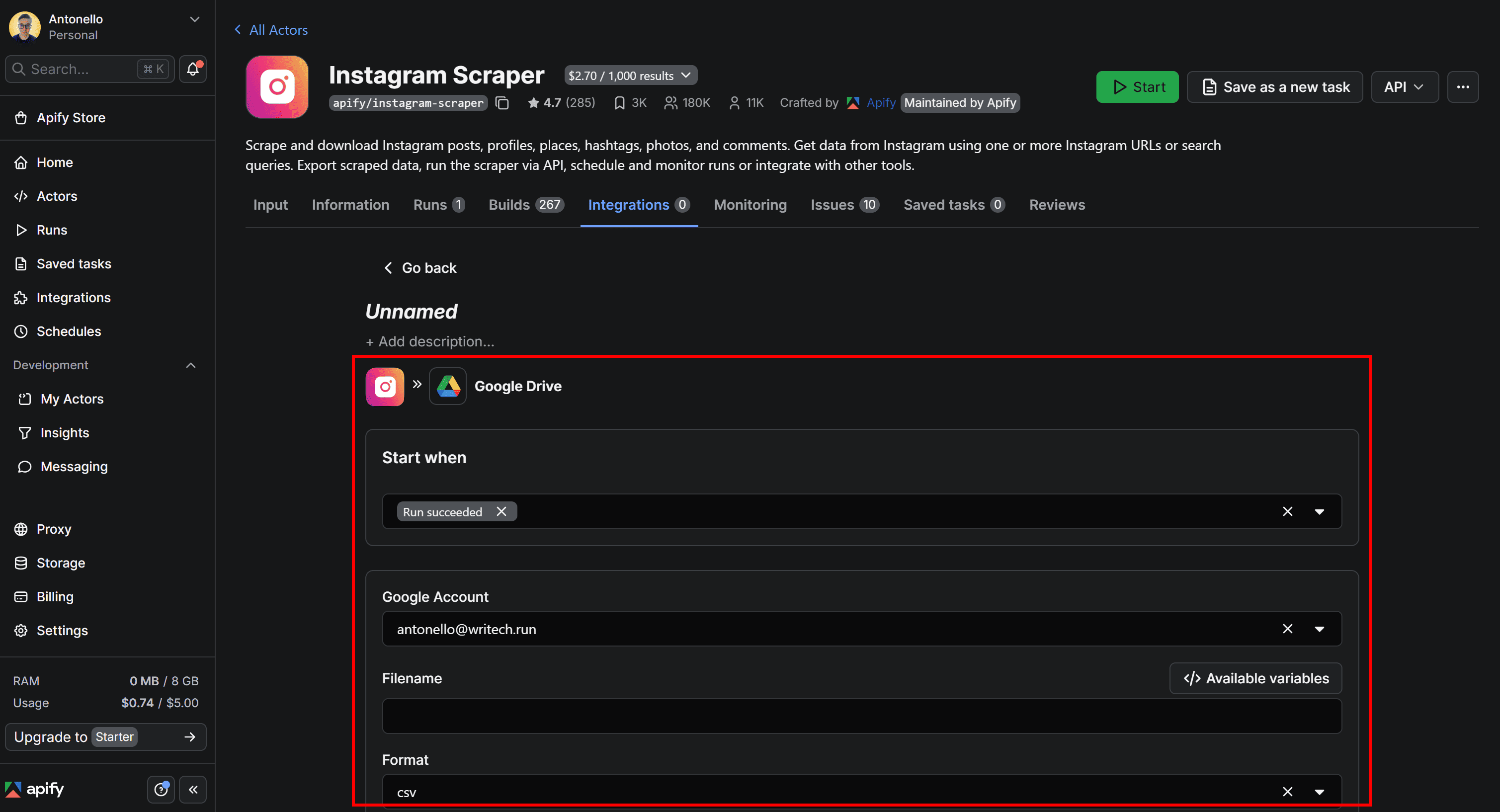 The “Upload results to GDrive” integration form