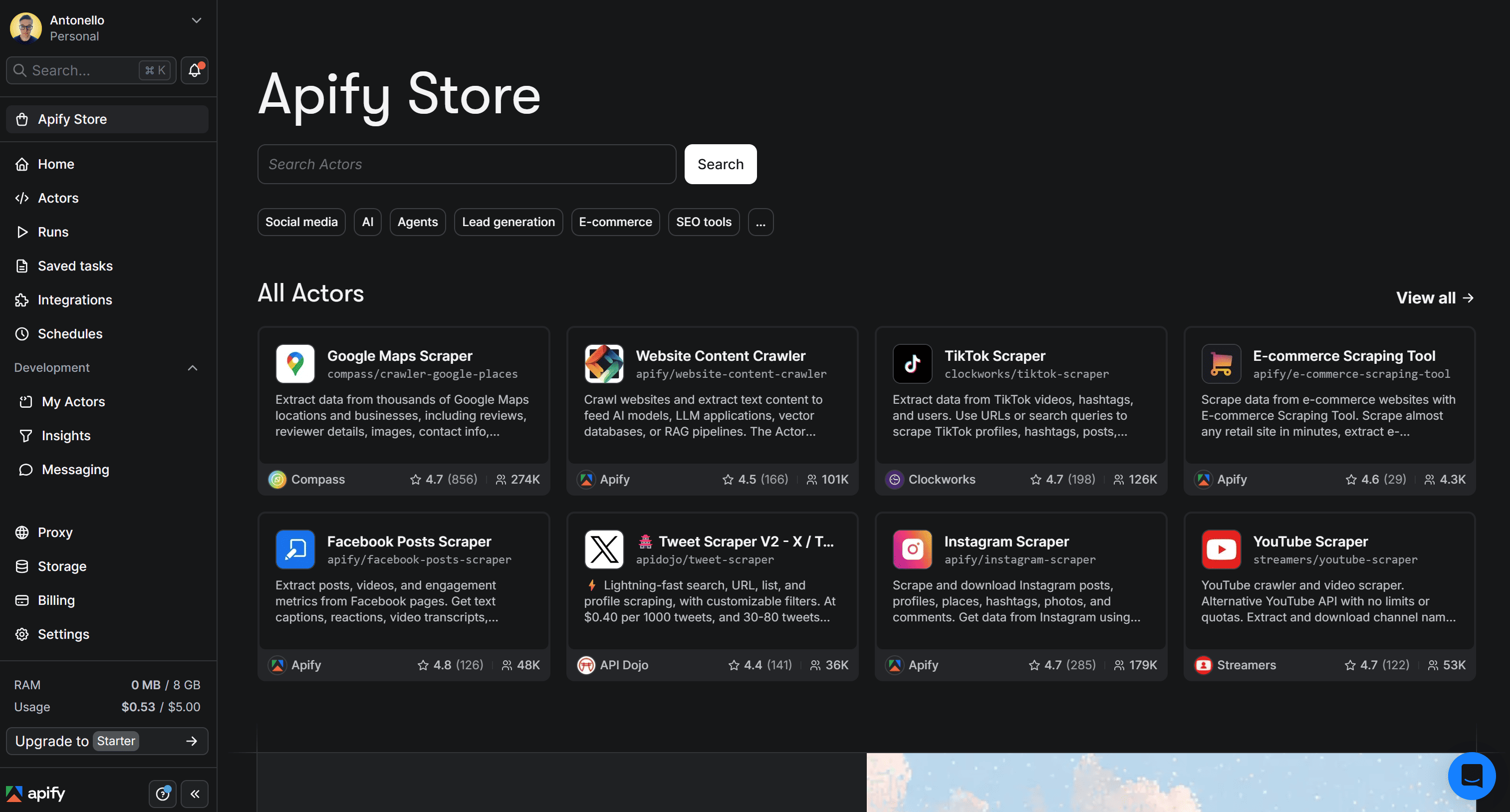 The Apify Store view in your account