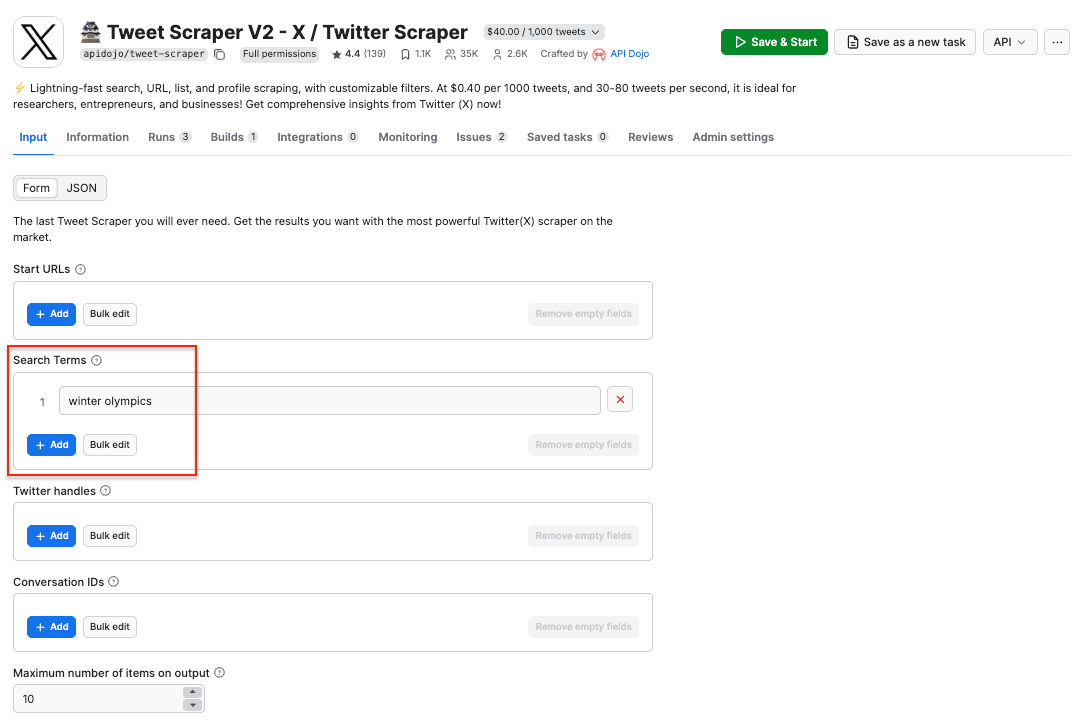 Tweet Scraper V2 - X / Twitter Scraper UI on Apify Console