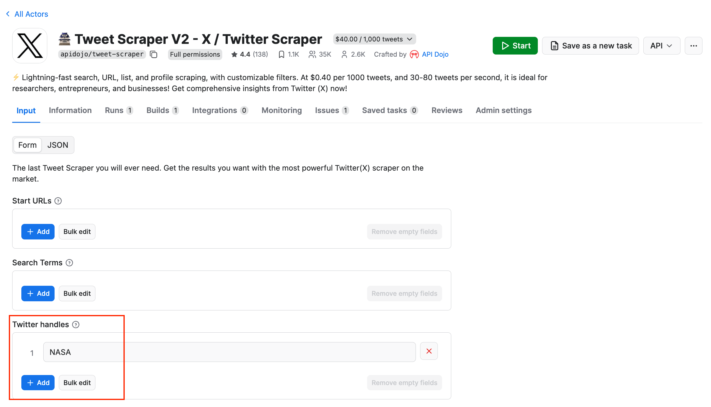 Tweet Scraper V2 - X / Twitter Scraper input 