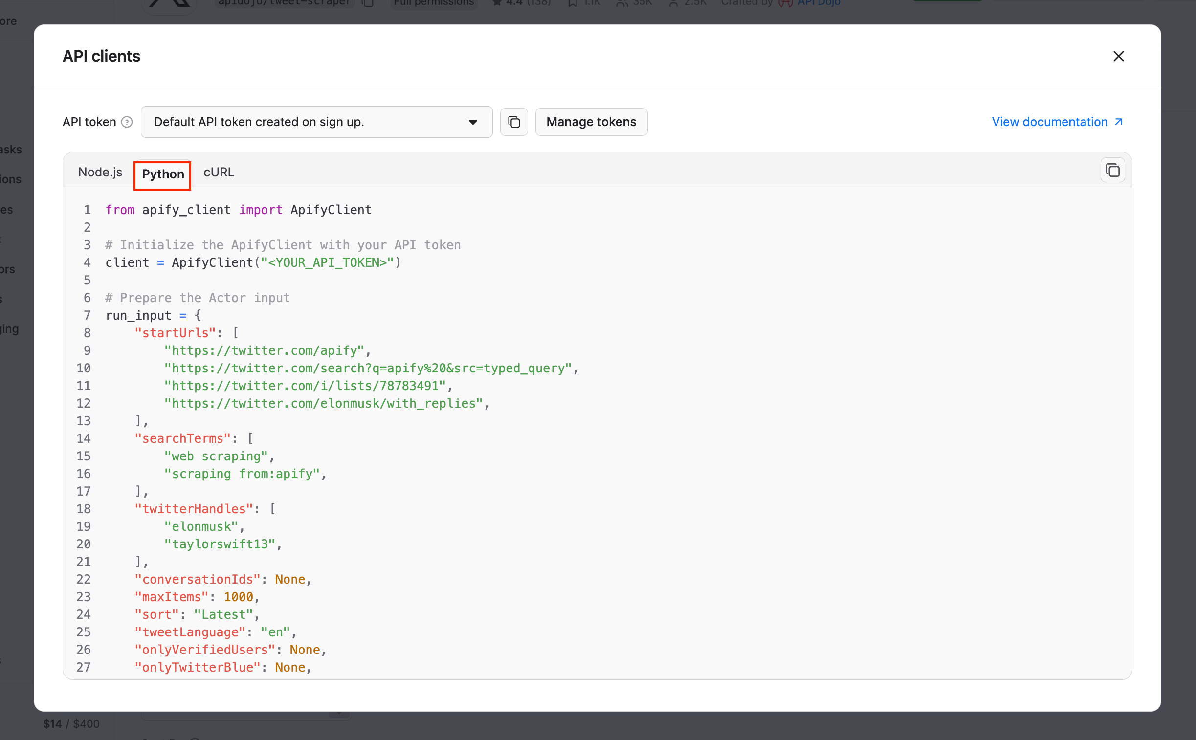 Python code snippet in Apify Console 
