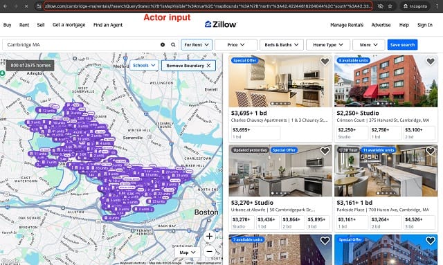Zillow search for rentals in Cambridge, MA