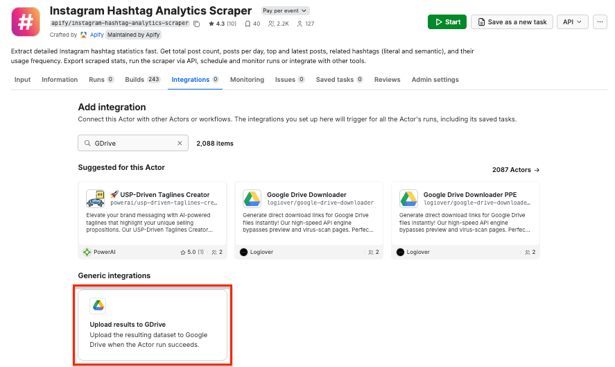 Instagram Hashtag Analytics Scraper - integration