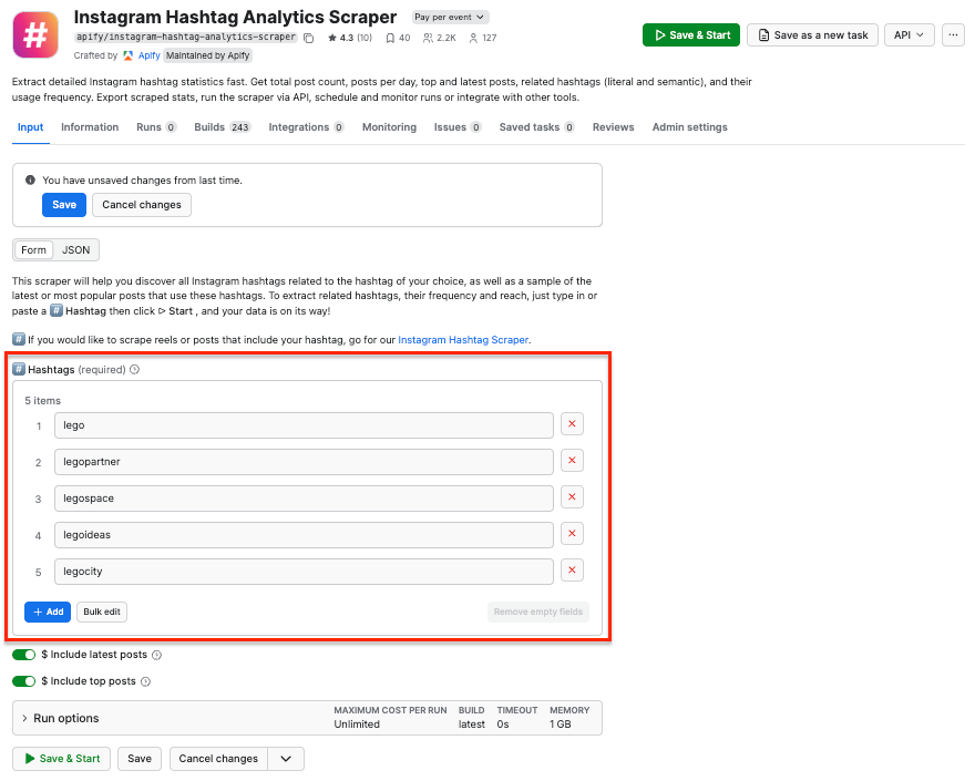 Instagram Hashtag Analytics Scraper Input