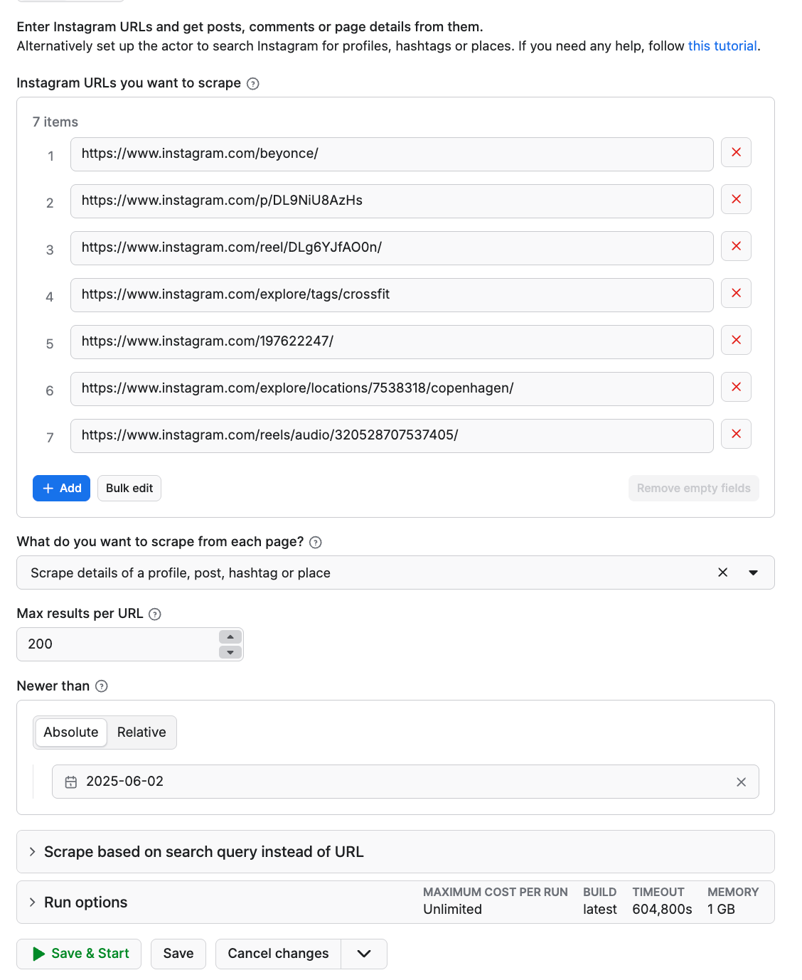 Example of Instagram Scraper input schema