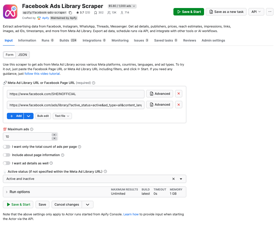 Facebook (Meta) Ads Scraper input page