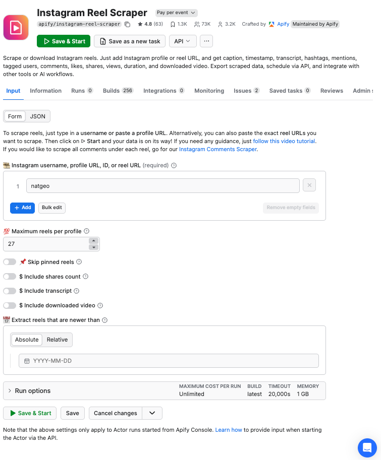 Instagram Reels Scraper input page