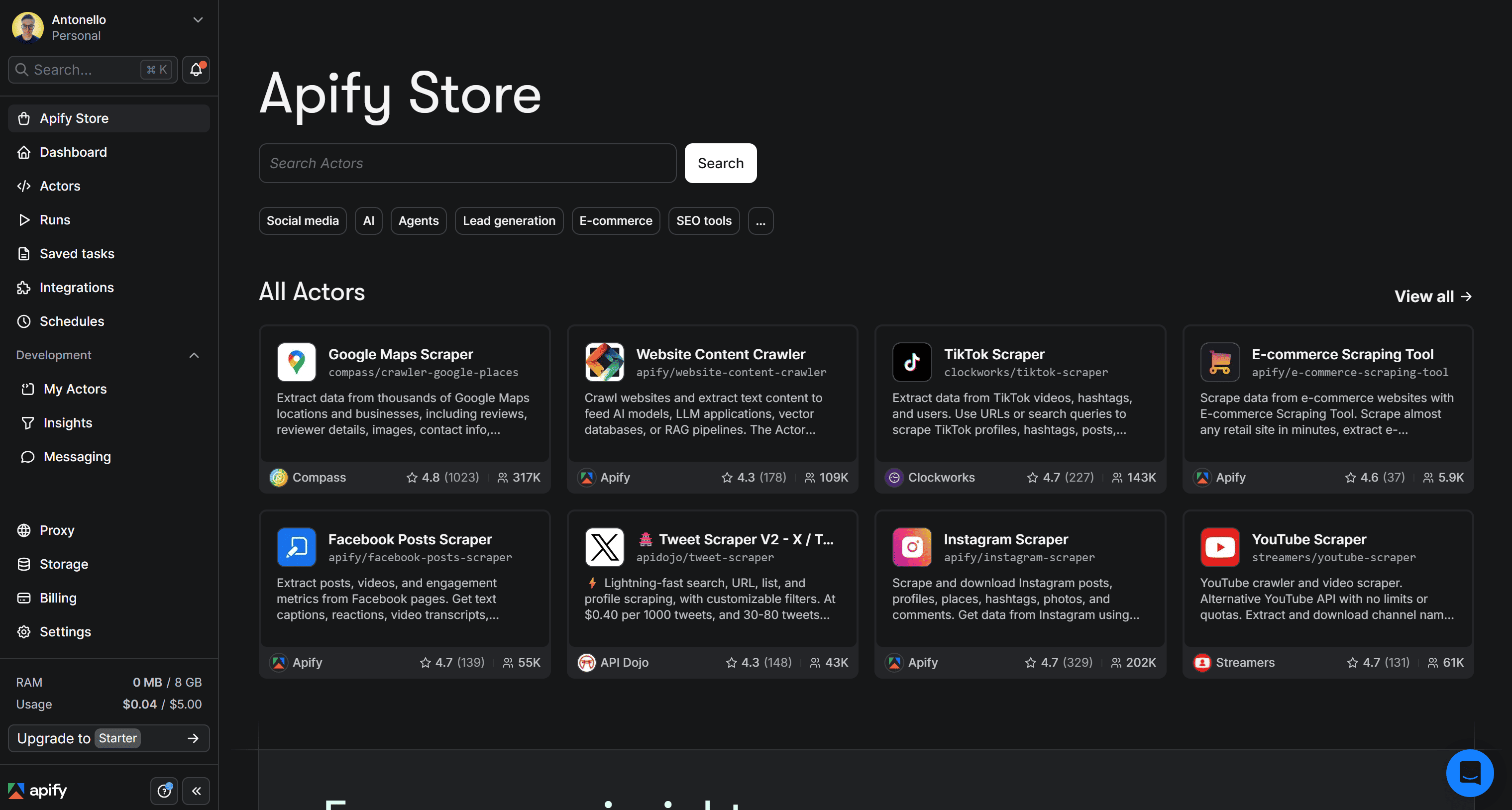 Apify Store in your account